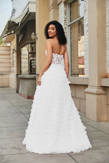 Vestido de novia de línea A con volantes de corsé blanco con encaje